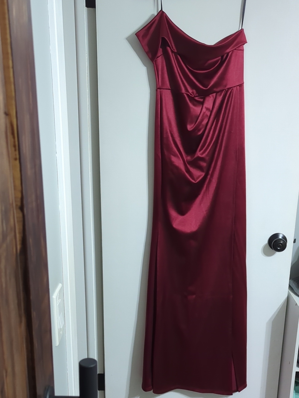 Windsor Burgundy Satin Strapless Draped Evening Gown
